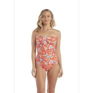 Helen Jon Women’s XS One Piece Swimsuit Orange Floral Halter Ruched Retro Resort